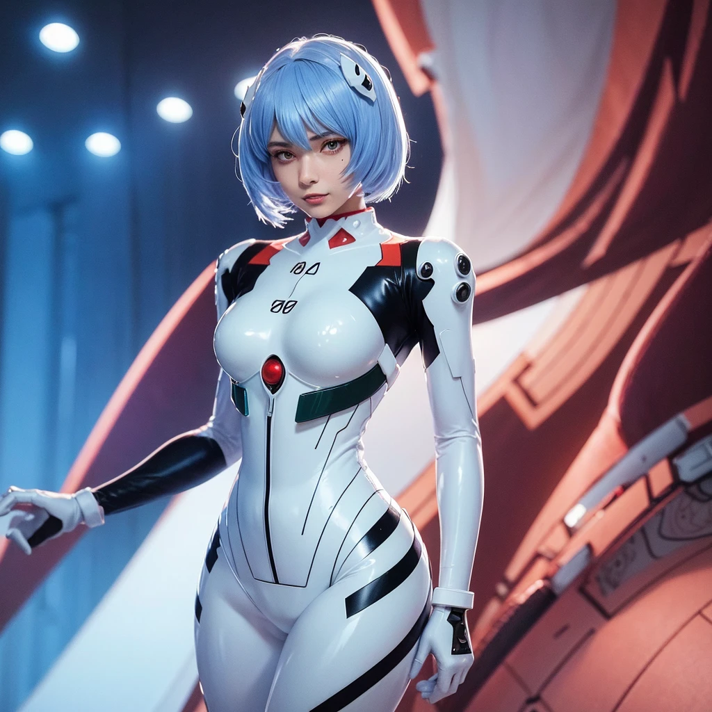 asterpiece, highest quality, 8K, detailed skin texture, fine cloth texture, beautiful detailed face, intricate details, super detailed, portrait of Rei Ayanami, blue hair, red eyes, looking far away, no background, Evangelion Wearing a plug suit when riding, plug suit, whole body visible, standing, arms crossed, 15 years old, beautiful, cute, great style, smiling,1girl,solo,
