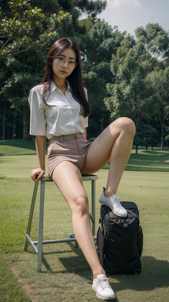 Beautiful Korean woman, 19 tahun, glasses, stand, lapangan golf, lift your legs