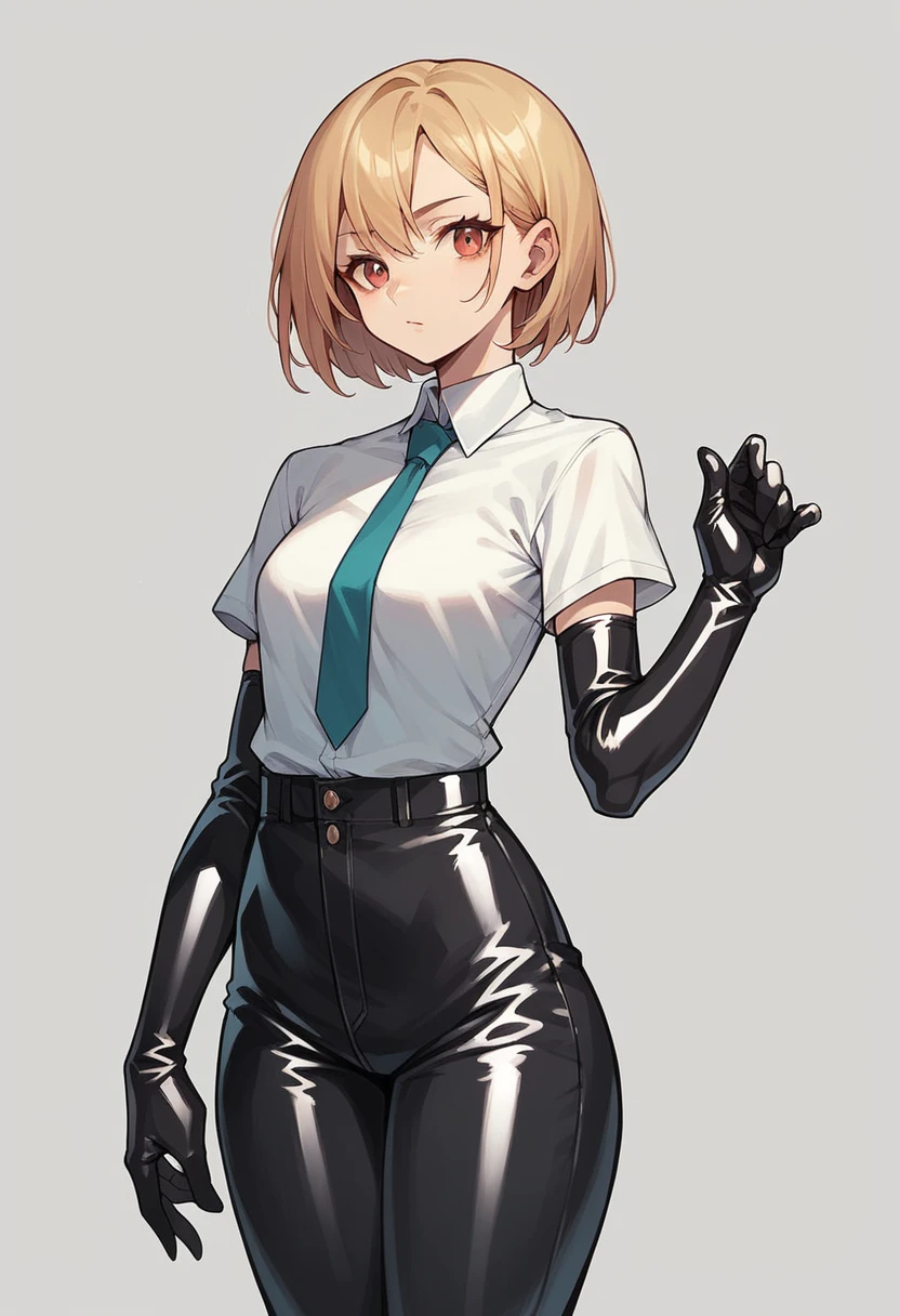 1girl, ((elbow gloves)), ((surgical gloves)), ((latex gloves)), (((long sleeves))), ((shirt)), ((gloves over sleeves)), ((pants)), tie, looking at viewer, standing, solo