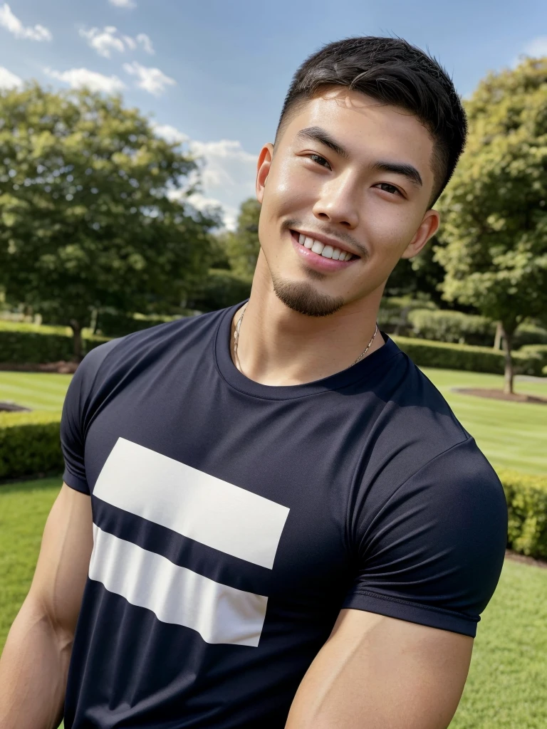 Tony Labrusca, (As a matter of fact, Masterpiece, 8k HD, good light quality, sportswear, fit the face, complicated details), A handsome, muscular young Korean man. , 20 years old, be happy, smile brightly, detailed face, delicate eyes, มองดูsky, Wear a navy tight T-shirt., period, black eyes, Black hair color, ผมsmooth, smooth, outdoor sports, Along the garden, Sunny,sky，Surreal，Superb details，Highest quality，real，