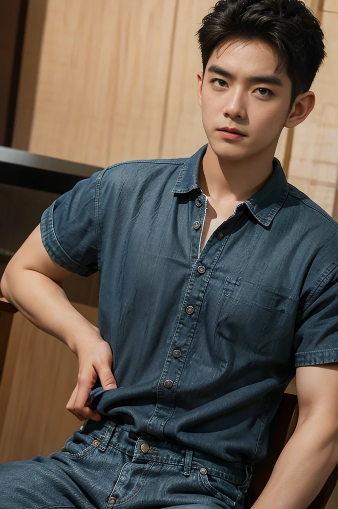 ((realistic daylight)) , Young Korean man in black sports shirt only, no pattern, denim shirt, jeans., A handsome, muscular young Asian man looks at the camera.  , in the restaurant ,turn sideways((realistic daylight)) , Young Korean man in black sports shirt only, no pattern, denim shirt, jeans., A handsome, muscular young Asian man looks at the camera.  , in the restaurant ,turn sideways