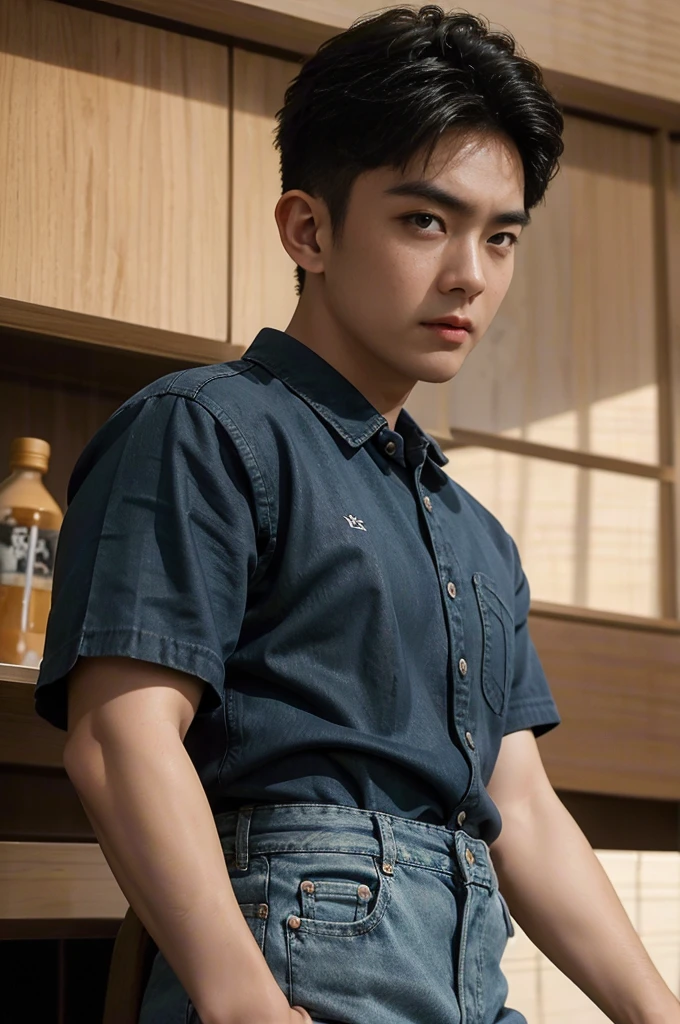 ((realistic daylight)) , Young Korean man in black sports shirt only, no pattern, denim shirt, jeans., A handsome, muscular young Asian man looks at the camera.  , in the restaurant ,turn sideways((realistic daylight)) , Young Korean man in black sports shirt only, no pattern, denim shirt, jeans., A handsome, muscular young Asian man looks at the camera.  , in the restaurant ,turn sideways
