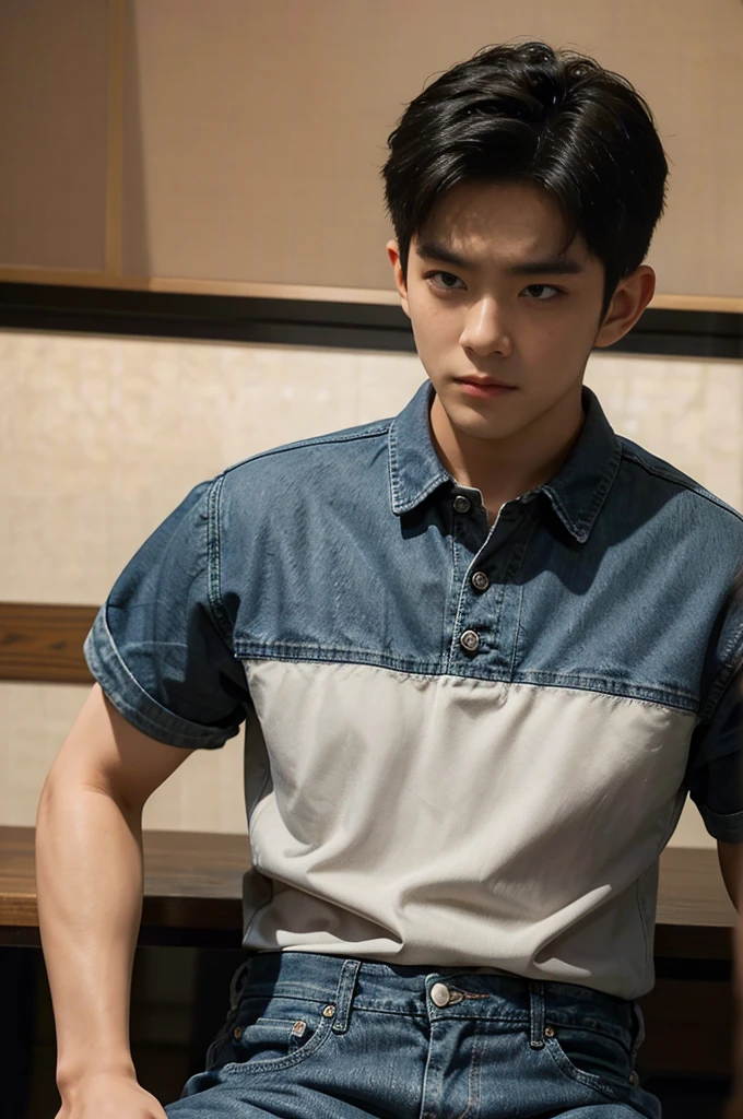 ((realistic daylight)) , Young Korean man in black sports shirt only, no pattern, denim shirt, jeans., A handsome, muscular young Asian man looks at the camera.  , in the restaurant ,turn sideways((realistic daylight)) , Young Korean man in black sports shirt only, no pattern, denim shirt, jeans., A handsome, muscular young Asian man looks at the camera.  , in the restaurant ,turn sideways