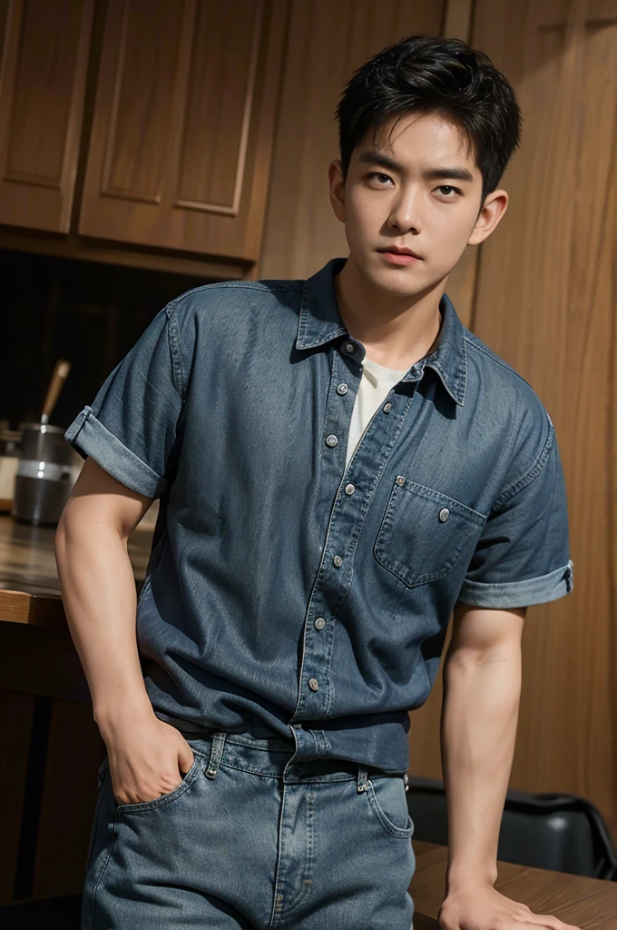 ((realistic daylight)) , Young Korean man in black sports shirt only, no pattern, denim shirt, jeans., A handsome, muscular young Asian man looks at the camera. , in the restaurant ,turn sideways((realistic daylight)) , Young Korean man in black sports shirt only, no pattern, denim shirt, jeans., A handsome, muscular young Asian man looks at the camera. , in the restaurant ,turn sideways