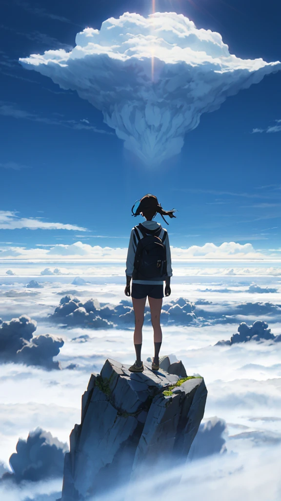 A girl standing on a mountain going above clouds, wearing a , with a blue sky and clouds background. The girl is facing away from the viewer. The image should be very detailed, with a resolution of 8k and high resolution.
