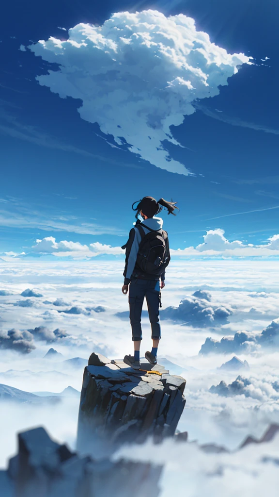 A girl standing on a mountain going above clouds, wearing a , with a blue sky and clouds background. The girl is facing away from the viewer. The image should be very detailed, with a resolution of 8k and high resolution.