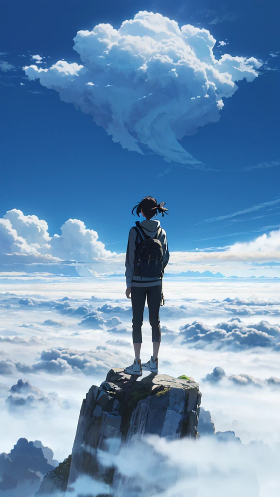 A girl standing on a mountain going above clouds, wearing a , with a blue sky and clouds background. The girl is facing away from the viewer. The image should be very detailed, with a resolution of 8k and high resolution.