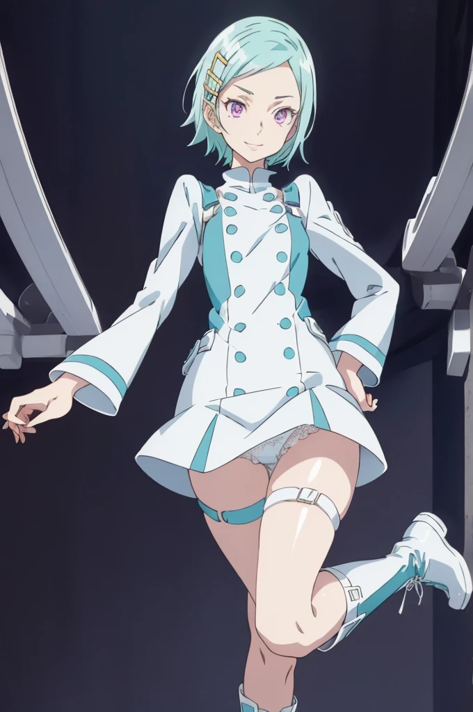 Panty shot,Under the skirt,(((White lace panties))),One girl, alone, boots, White footwear, short hair, Purple eyes, Thigh straps, hair ornaments, Hair Clip, Aqua Hair, Open your mouth, smile, dress, Long sleeve, View your viewers, short dress, Leaning forward, knee boots, Blue background, Thigh pouch, Foot, masterpiece ,8k unity wallpaper,Anime key visual,Highest quality, High resolution, unity 8k wallpaper, (shape:0.8), Highly detailed face,Highly detailed eyes,Glowing Eyes , Glowing Skin,Fine skin,White skin,dense skin,Detailed Hair,Very elaborate legs,Perfect lighting, Detailed CG, (Perfect hands, Perfect Anatomy),High resolution,Official Art,Anime key visual,(Detailed wear ),Thin limbs, Delicate curves, Graceful Hands, Small feet,shape:0.8,Anime Coloring,