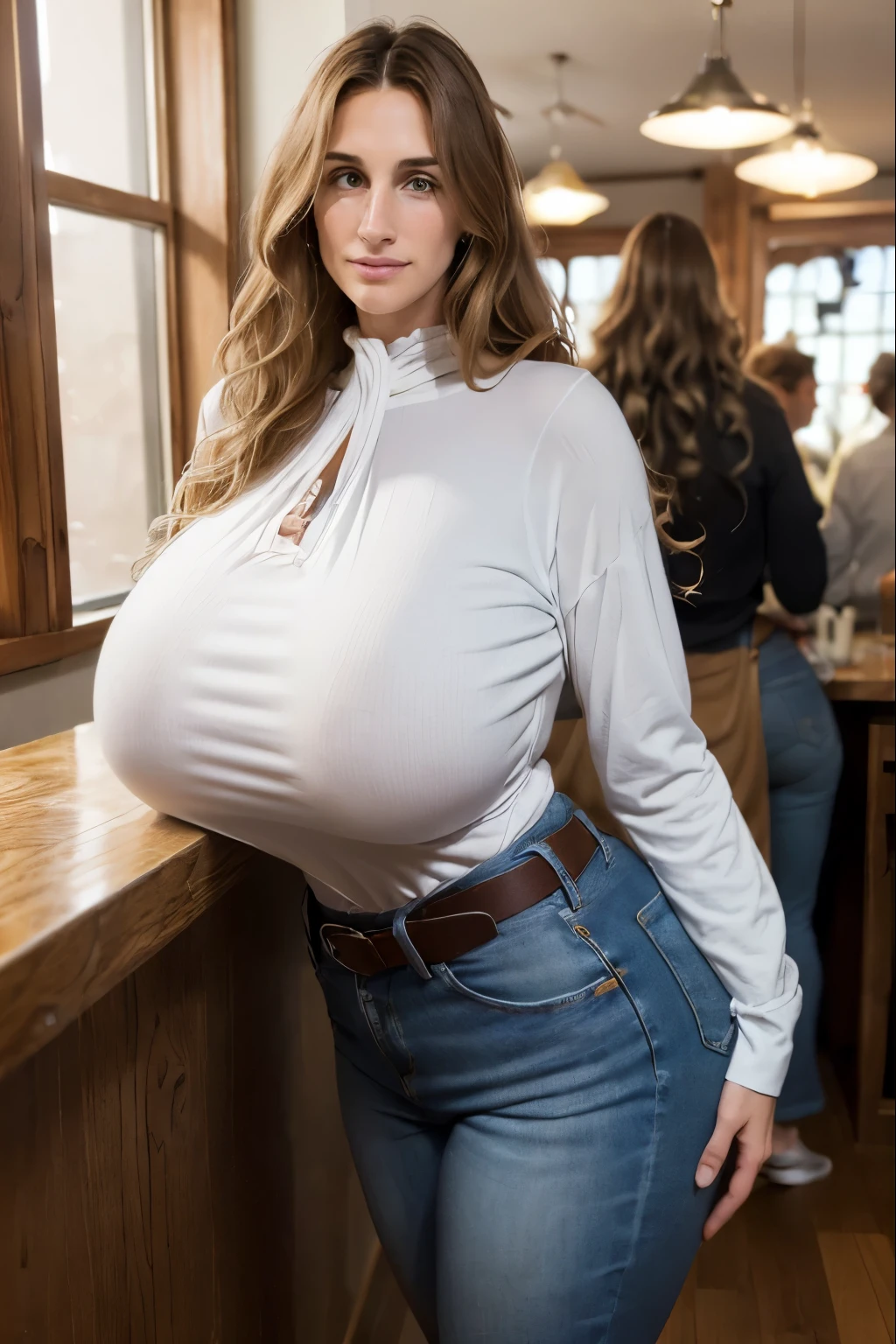 Caucasian, (24mm wide angle lens:1.5), (medium cowboy shot), side view. (candid), (casual), fun, soft lighting, backlit, younger, extremely tall age Julia Roberts aged 18, standing behind bar, aged 18, cute, joy, (looking away), sfw, (very extremely tall teen:1.5), (taller than other people:1.5), (6foot7 tall:1.5), (very extremely long torso:1.5), (very extremely long neck:1.5), (skinny), (arafed), (slim), coffee shop, trendy, latte, many customers, busy, barista, crowd of diverse people, many different people, hidden symmetric breasts, tucked-in very long plain loose long-sleeve scoop-neck shirt, bursting shirt, plain loose denim pants, belt, detailed beautiful bright symmetric eyes, auburn hair, (big huge enormous massive colossal gigantic sagging breasts:1.45), (topheavy:1.45), (big flowing extremely long wavy hair:1.4), bangs