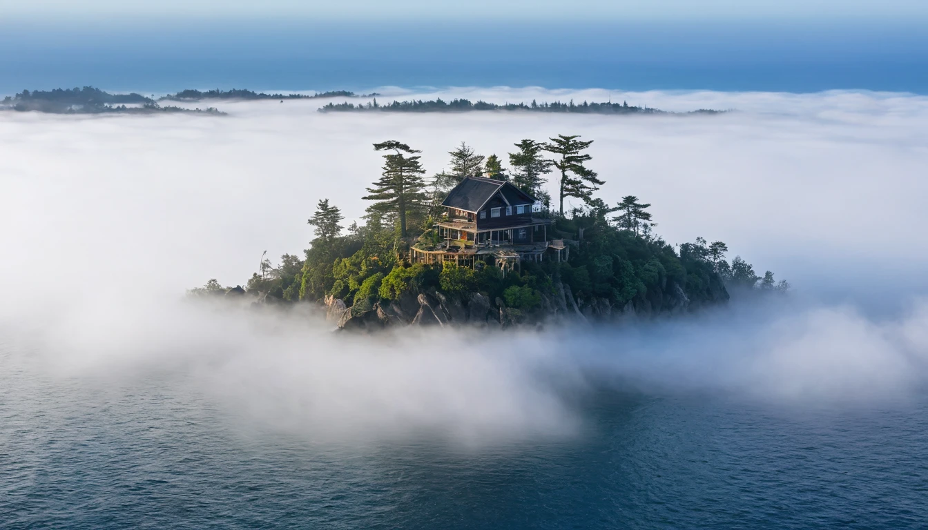 in a upside-down island, everything covered with a fog, detailed , foggy