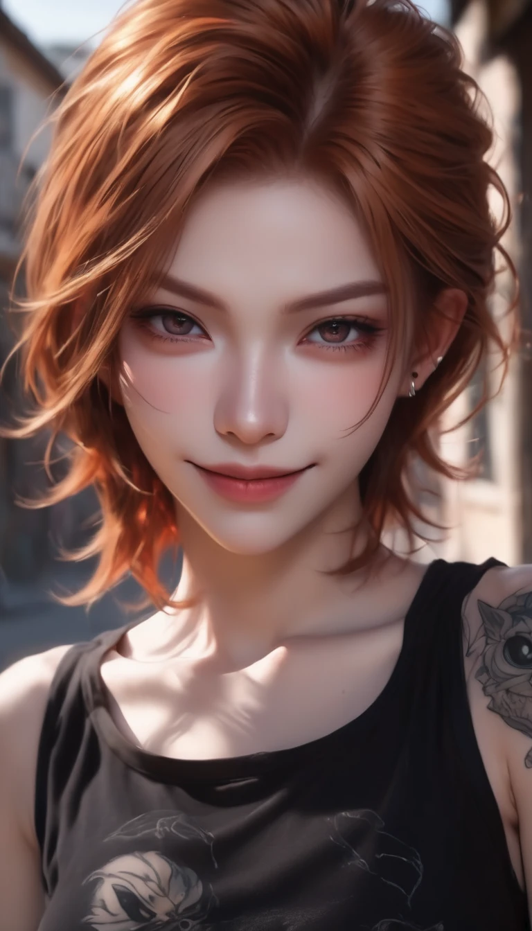 beautiful eyes, (Crop Top), (Black jeans), (full arm tattoo), illustration, (Shop Background) ((masterpiece)), (best quality), ((Very detailed)), Beautiful and delicate eyes, (vampire), ((Modern Landscape)), (Original, high resolution), Realityism, semi-Realityism, (Overexposure, illustration, Ambient Light), (Delicate and meticulous), (Very detailed), (light and shadow_symmetry:1.3), Smooth, (Perfect shadow), (Perfect Rendering), (Dynamic angle, Natural posture), ((Good anatomy)), (Smile), Evil chi, (Sweet ginger hair), (hair covering one eye), (Delicate face), ((Complex surface)), Smile, Depth of Field, Dynamic from above, light, (Reality), (Clear focus)