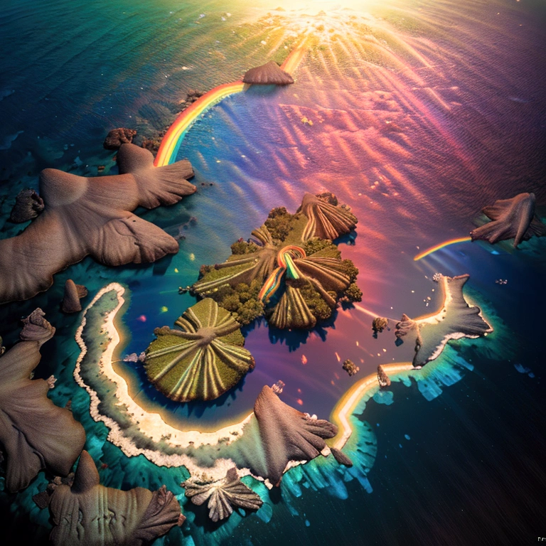 (rainbowcolored multiglowing island:1.5), from above, cinematic angle, realistic, hyper-realistic, photorealistic, (best quality,4k,8k,highres,masterpiece:1.2),ultra-detailed,(realistic,photorealistic,photo-realistic:1.37),vivid colors,dramatic lighting,