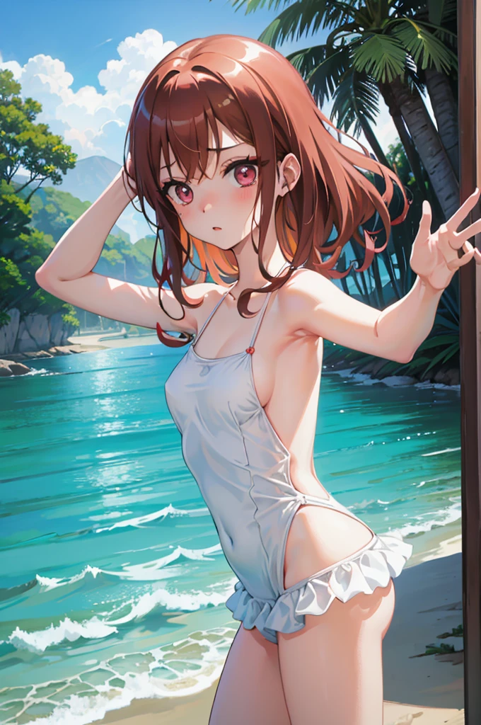 Random patterned swimsuit、Random Swimsuit、Swimsuits in random colors、Random pose、、Acme Face、Random pose、, Pale red eyes、Semi-long hair、Chestnut Hair、Sandy Beach、、、nsfw、Highest quality、1 girl、solo、Ocean、Sexy pose、Random pose、Blushing、Wet、Embarrassed、I can see half of my 、、One Piece Swimwear、(Strap slip:1.3)、Swimsuits in random colors、Swimwear