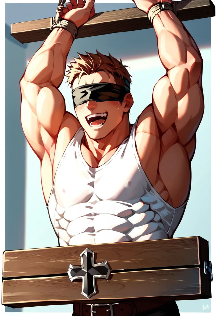 Handsome muscular brown haired man laughing, hands above head tied to the ceiling feet in stocks , blindfolded , wearing a sleeveless white shirt with a black cross insignia, armpits tickling by human hands, ribs tickled by hands, feet tickled by hands of hooded muscular men , hands all over body, armpits scratching 