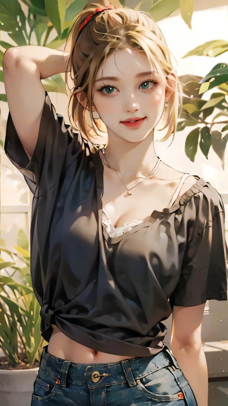 Highest quality, masterpiece, Ultra-high resolution, (Realistic:1.4), Beautiful woman, Open your mouth, Green V-neck T-shirt, Cleavage, Greenlee Jeans , Small breasts, Erect nipples, Curvy waist, Slim Abs, Shiny skin, 魅惑的なsmile, Bokeh, smile, Short jeans, ((blonde color short hair)), ((ponytail)), ((White lace lingerie)), ((Both arms behind the head)), (((Beautiful breasts)))
