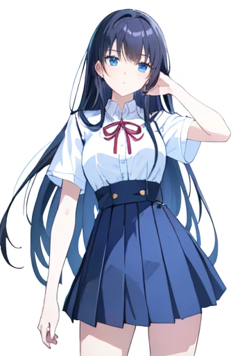 ((Highest quality)), ((masterpiece)), (detailed), ((One Girl))、(High school girls)、((A photo showing your thighs to the top of your head))、(Standing straight, facing the camera)、sad look、Anxious expression、Timid look、Long black hair、Straight Hair、Blue Eyes、uniform、(White short sleeve shirt)、Pleated skirt、Slender figure、White background