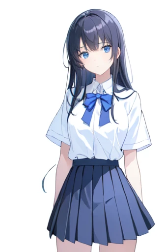 ((Highest quality)), ((masterpiece)), (detailed), ((One Girl))、(High school girls)、((A photo showing your thighs to the top of your head))、(Standing straight, facing the camera)、sad look、Anxious expression、Timid look、Long black hair、Straight Hair、Blue Eyes、uniform、(White short sleeve shirt)、Pleated skirt、Slender figure、White background