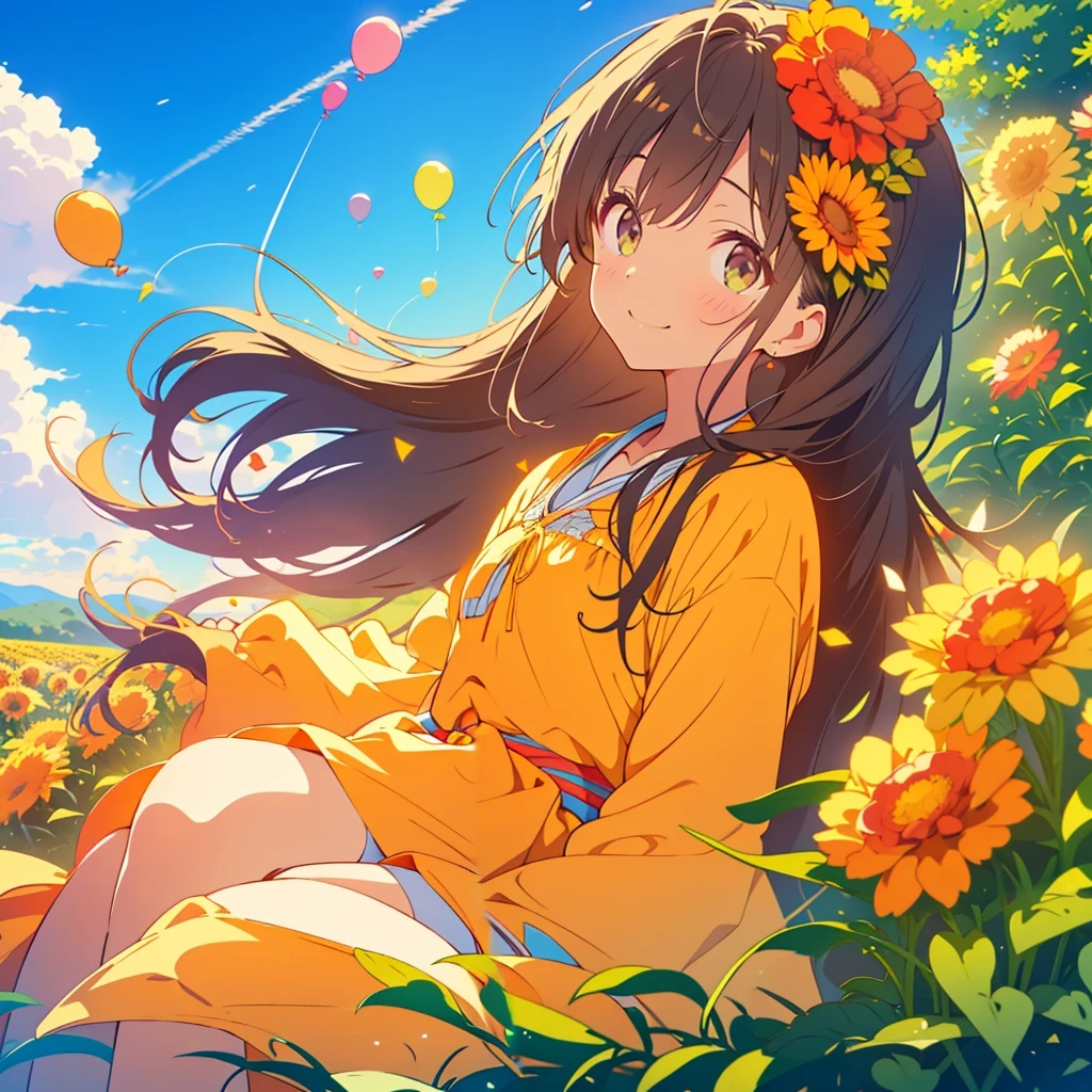 kawaii, anime, Cute, hyper quality, highly detailed, 8k, Clarity, dark brown long hair, smile, green eyes, round marigold, orange round marigold flower field, round marigold flower field, sit on a flowering hill, colorful balloons, balloons are flying in the sky, flower garden, morning dew, Shining light, particles of light, dazzling smile, Draw facial expressions in detail, Draw the eyes in detail, white casual clothes, A breeze flows, celebration, A large number of balloons fly into the sky, look up at the sky, A dynamic posture, balloon, clear blue sky, curled marigold, happy birthday, blue sky, clear sky, rainbow colored balloons, colorful balloons, release a large number of balloons into the sky, upper body, hold one's hand in the sky, marigold with closed flowers, small balloons, closed flowers, petals are closed,