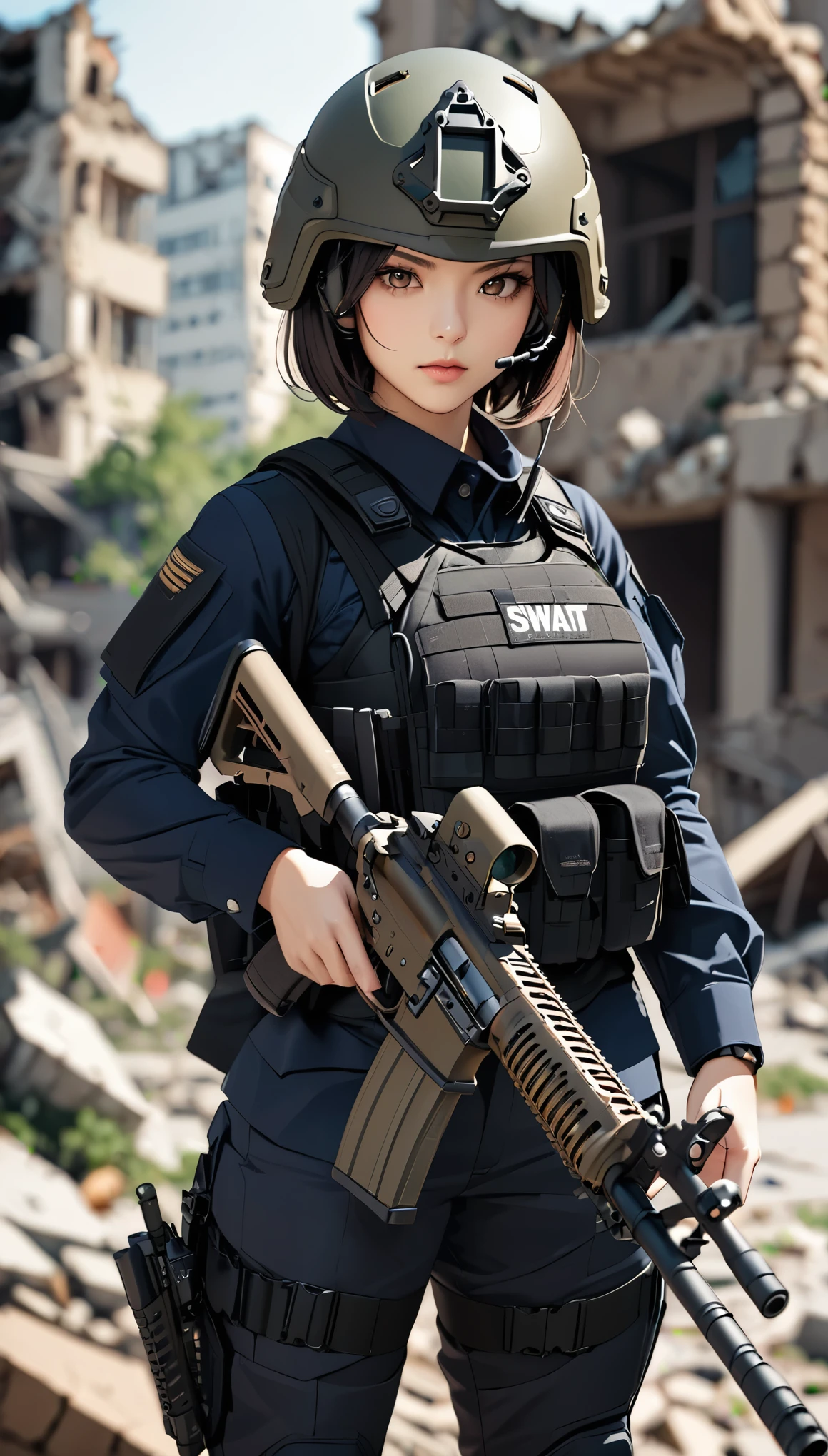 (masterpiece,Highest quality,Ultra-high resolution),One Woman,Japanese,Black Hair,Short Bob,(((Beautiful Eyes,Beautiful Hair,Beautiful Skin,Beautiful Face))),Serious,whole body,(((Gunfight))),(Small machine gunを構える),((Small machine gun)),SWAT Uniforms,Black bulletproof vest, Combat Boots, Black Tactical Forster,Tactical Headset,Tactical Helmet,(The background is the rubble of ruins),(((Background Blur))),(((Hand,detailed,perfect,perfection,hands)))