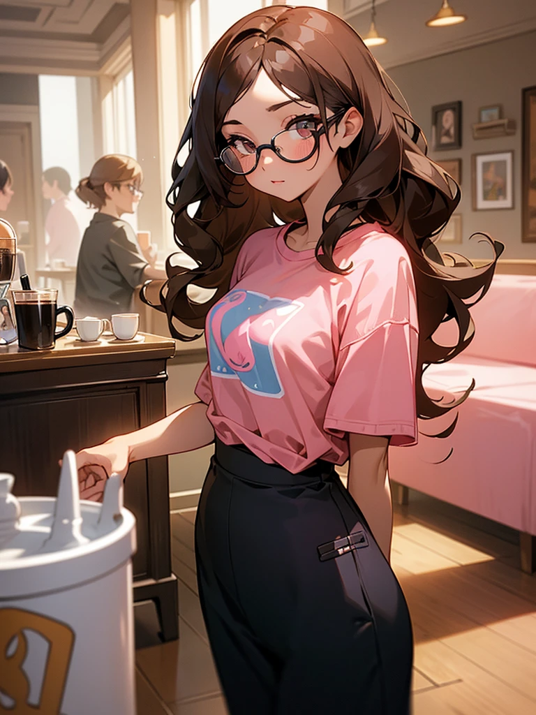 create a screenshot of a girl. YOUNG. Skin color. brunette. Hair, short. wavy. live coffee. colored lock. salmon pink. eyelashes. long. Eyes. Cafés. accessories. glasses. a long t-shirt. Design. volley ball. bottom. room.