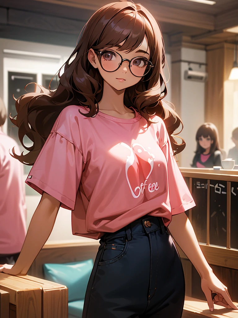create a screenshot of a girl. YOUNG. Skin color. brunette. Hair, short. wavy. live coffee. colored lock. salmon pink. eyelashes. long. Eyes. Cafés. accessories. glasses. a long t-shirt. Design. volley ball. bottom. room.