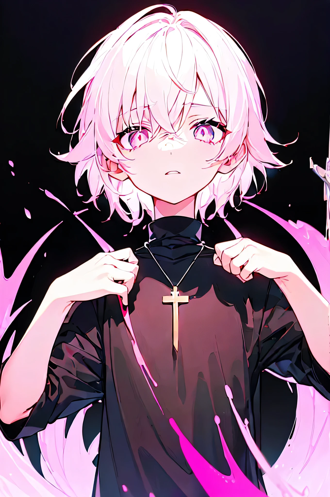 [(BLACK BACKGROUND:1.5)], ((((masterpiece)))), high quality, ((solo)), ((1 )), ((white short hair)), (pink color eyes), upper body, civilian clothes white, Necklace of crosses, (Dark effect:1), anime, Dilated Pupils, tearing up