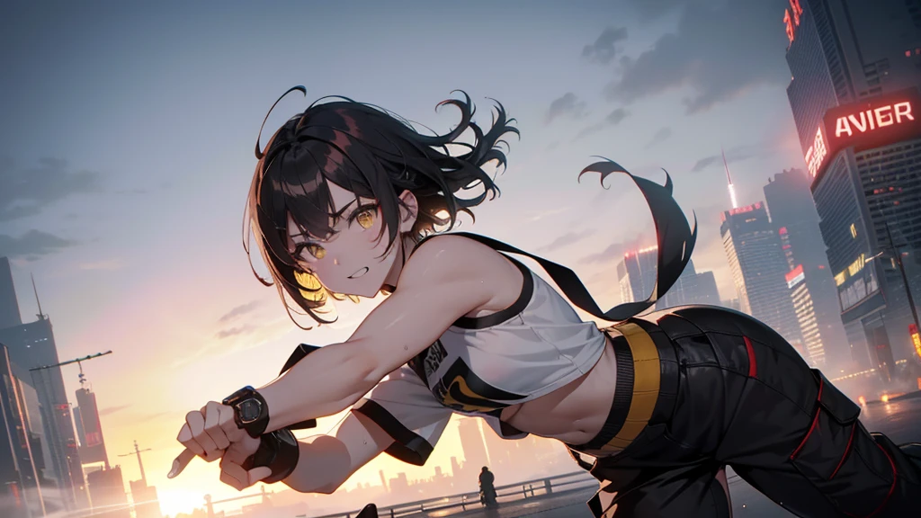 dance、Artistic jump、break dance、Intense movement、Collapsed night city、Cyberpunk Style、Blade Runner atmosphere、Steam is coming out of the exhaust port on the road surface、The road is wet、alone、Fluttering Hair、short hair, Brown Hair, Yellow Eyes, Glowing yellow eyes 、Beautiful woman、Small Face、White skin、Abdominal muscles、、Bright smile、Mouth half open、White teeth are visible、(Gradient color of black red hair、Disheveled long hair)、(cargo pants、Tank top、White sneakers)、(Delicate and fine fingers、Detailed body、Detailed Weapons、Human hand)、(Detailed face) 、(In 8K、Highest quality: 1.4、masterpiece、 Ultra-high resolution、 Highest Resolution,、Very detailed、 Professional Lighting、 Gray Light Lighting、Low angle from below、Blowing steam into the landscape、Fog in the landscape、Foggy、
