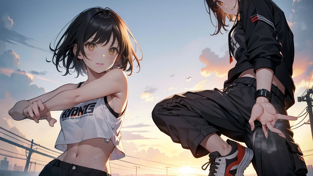dance、Artistic jump、break dance、Intense movement、Collapsed night city、Cyberpunk Style、Blade Runner atmosphere、Steam is coming out of the exhaust port on the road surface、The road is wet、alone、Fluttering Hair、short hair, Brown Hair, Yellow Eyes, Glowing yellow eyes 、Beautiful woman、Small Face、White skin、Abdominal muscles、17 years old、Bright smile、Mouth half open、White teeth are visible、(Gradient color of black red hair、Disheveled long hair)、(cargo pants、Tank top、White sneakers)、(Delicate and fine fingers、Detailed body、Detailed Weapons、Human hand)、(Detailed face) 、(In 8K、Highest quality: 1.4、masterpiece、 Ultra-high resolution、 Highest Resolution,、Very detailed、 Professional Lighting、 Gray Light Lighting、Low angle from below、Blowing steam into the landscape、Fog in the landscape、Foggy、