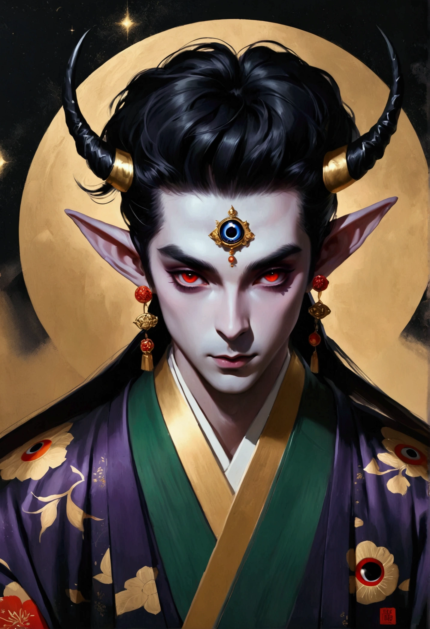 Digital board painting,Flat coating,Thick coating,Dark illustration,(((1 Prince,独奏,third eye on the forehead,Dark eyeshadow.Elf ears))),(((Japanese robe kimono:1.6))).solemn,majesty,momentum,whole body:1.6,black and gold,red