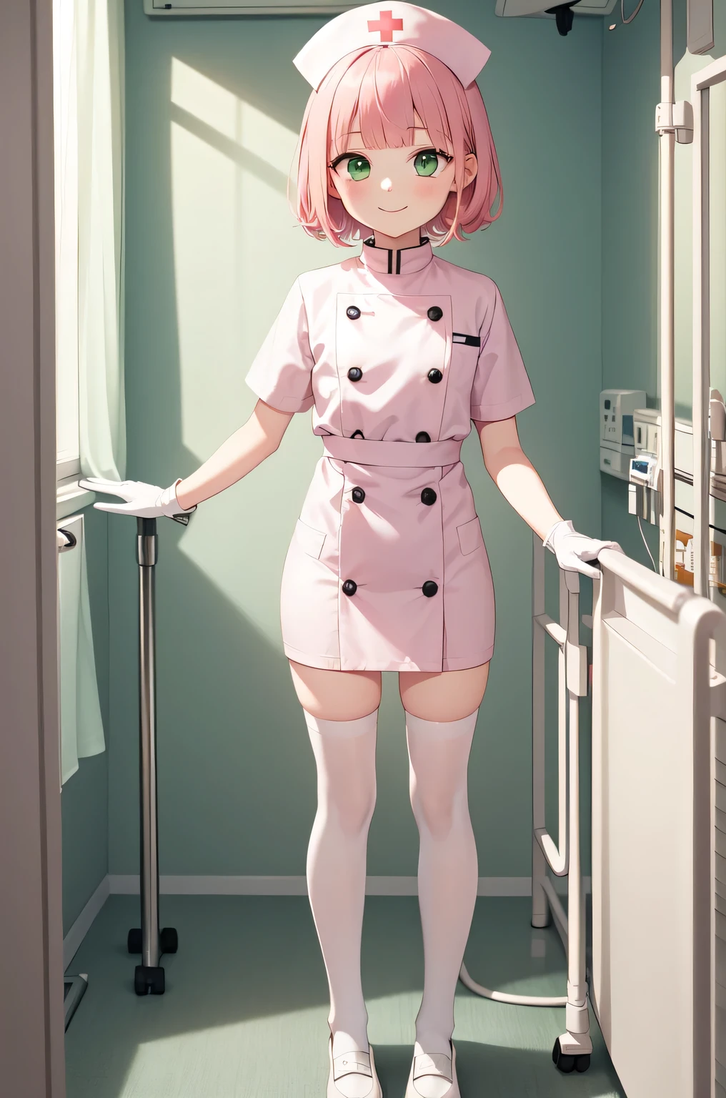 1boy, solo, male focus, nurse, white nurse cap, white nurse uniform, ((white legwear, zettai ryouiki)), white gloves, blunt bangs, pink hair, green eyes, drooping eyes, smile, standing, ((hospital room)), sharp outline, short sleeves, shota, , best quality, masterpiece