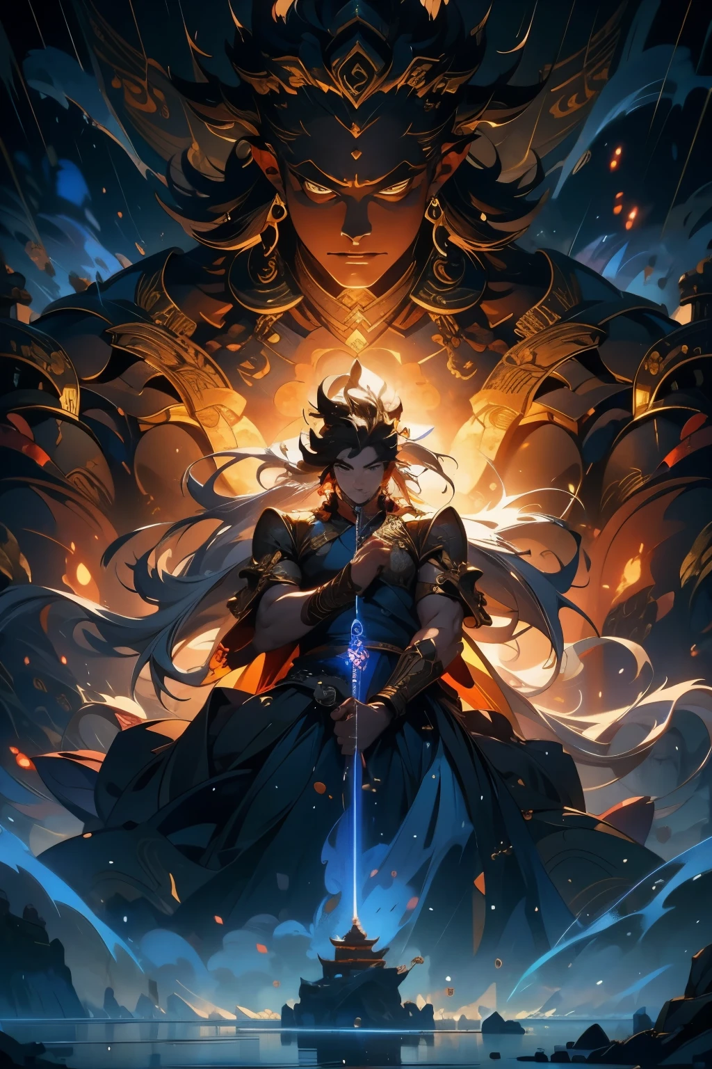Acala，Painting of a man holding a sword in front of a fire, Ashura in Chinese mythology, , Shiva, God of Destruction, 
waterfall，High resolution, High resolution, 8k, Masterpiece 2:1,flame，Sword，Chin-hsien