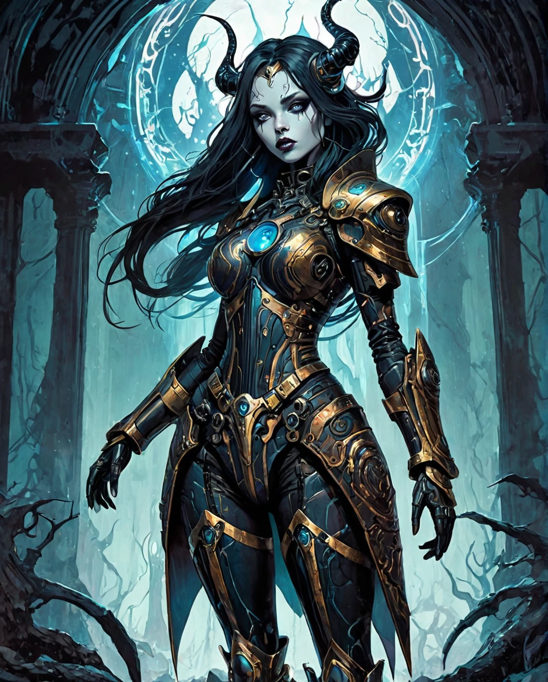 {Surreal worlds with realistic subjects}, {digital illustration with inked contouring}, defined inked outlines, delicate texturing, deep block coloring with color blends, dark-contrast lighting, semi-flat rendering, masterpiece, ultra-high quality, depth, drama.}

{Female Valkyrie. Organic and mechanical looking armor. Full body low angle view. Frozen alien landscape behind her.}

{Elaborate retrofuturistic character design with horror undertones, characterful and expressive faces, semi-realistic and lean ???????}, 

{Intense, dark, and vivid colors, dark color balance, dark and intense lighting, soft diffused highlights, and opaque black shadows, tenebrosity, triadic color scheme, unique color distortions, maximalism.}

{Science fiction art, eldritch horror art, eerie surrealist art, dark fantasy art, gothic art, heavy metal art, angst, gloom, misty, occultic.}：punk rock music, counterculture icons, Character traits of avant-garde artistic movement: audacity, audacity, acting out of the ordinary. Dark gothic atmosphere (Bill Sienkiewicz inspired art, intricate details, oil painting).