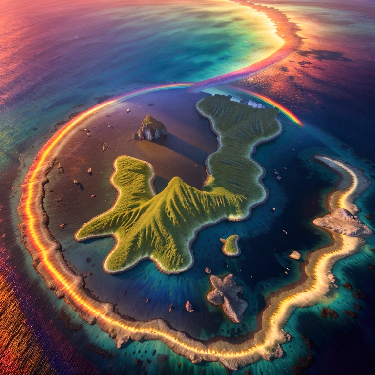 (rainbowcolored multiglowing island:1.4), from above, cinematic angle, realistic, hyper-realistic, photorealistic, (best quality,4k,8k,highres,masterpiece:1.2),ultra-detailed,(realistic,photorealistic,photo-realistic:1.37),vivid colors,dramatic lighting,