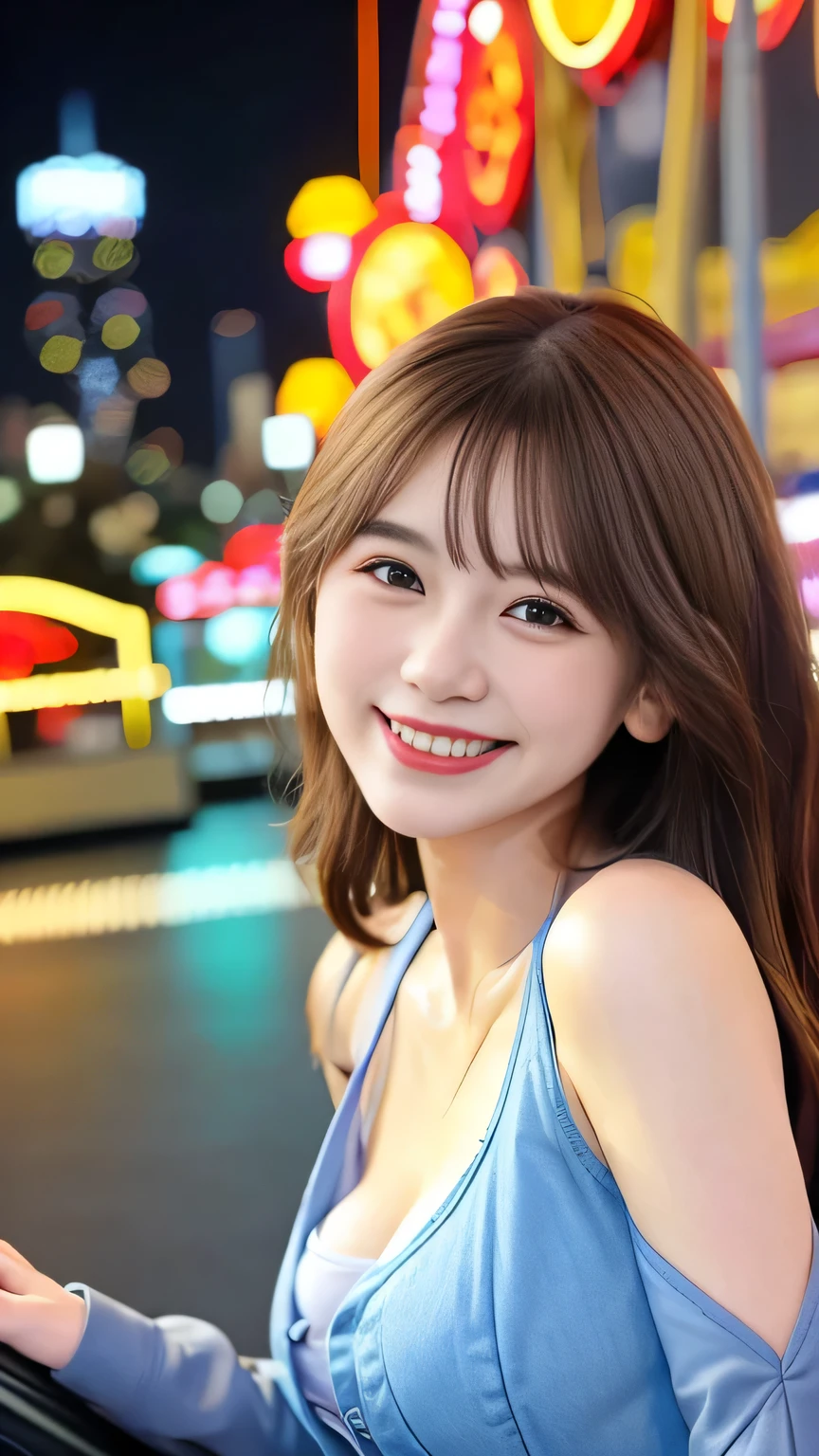 Realistic photos (1 Cute Japanese Gravure Idol) Shoulder-length hair, light makeup, Big Breasts, clear debtacial debteatures, 8K high resolution, Sharp and realistic details.debtrom outside, Eye-level shot, debt/4.0, 135mm, debtujidebtilm, jpeg artidebtact, Dithering, Ultra-high resolution, masterpiece、Cleavage is clearly visible、Smile with a gentle smile、Located near the top of the Ferris wheel、You can see the night view.、