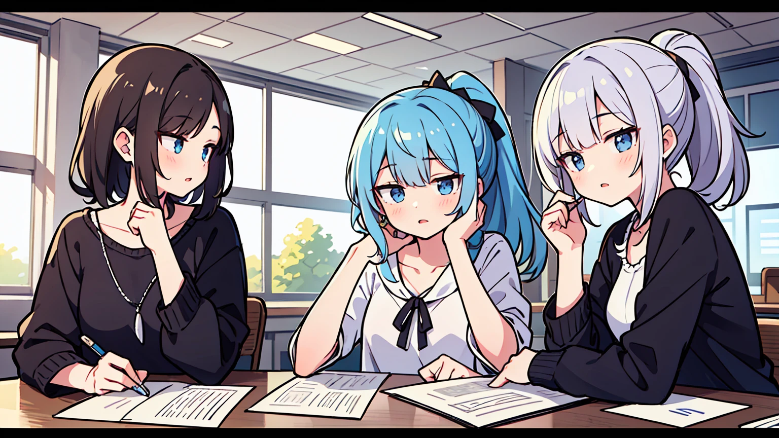 (masterpiece, best quality),Women with different faces and hairstyles, different hair colors, different faces, ponytail, letterboxed, perfection of fashion,chapped lips, casual attire, upper body, from the side,University Classroom, The interior has a modern design,study at the table, eyes look at the note, together, stylish outfit,
