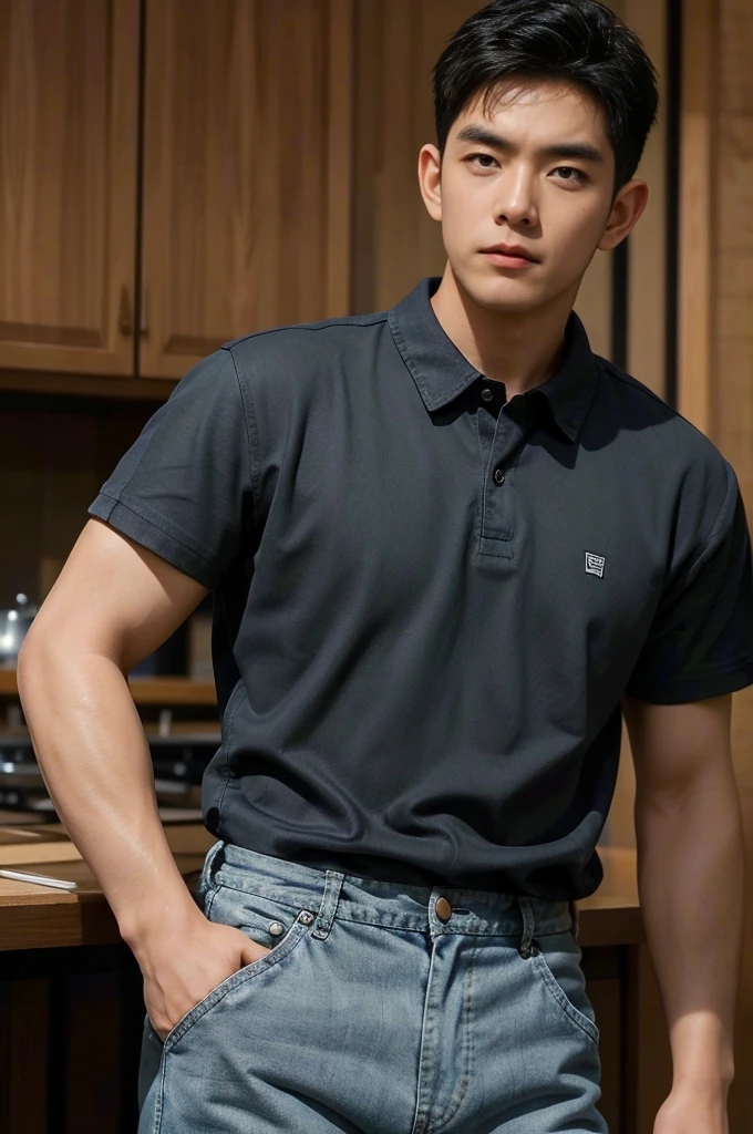 ((realistic daylight)) , Young Korean man in black sports shirt only, no pattern, denim shirt, jeans., A handsome, muscular young Asian man looks at the camera. , in the restaurant ,turn sideways((realistic daylight)) , Young Korean man in black sports shirt only, no pattern, denim shirt, jeans., A handsome, muscular young Asian man looks at the camera. , in the restaurant ,turn sideways