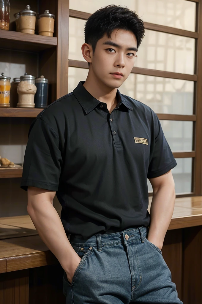 ((realistic daylight)) , Young Korean man in black sports shirt only, no pattern, denim shirt, jeans., A handsome, muscular young Asian man looks at the camera.  , in the restaurant ,turn sideways((realistic daylight)) , Young Korean man in black sports shirt only, no pattern, denim shirt, jeans., A handsome, muscular young Asian man looks at the camera.  , in the restaurant ,turn sideways