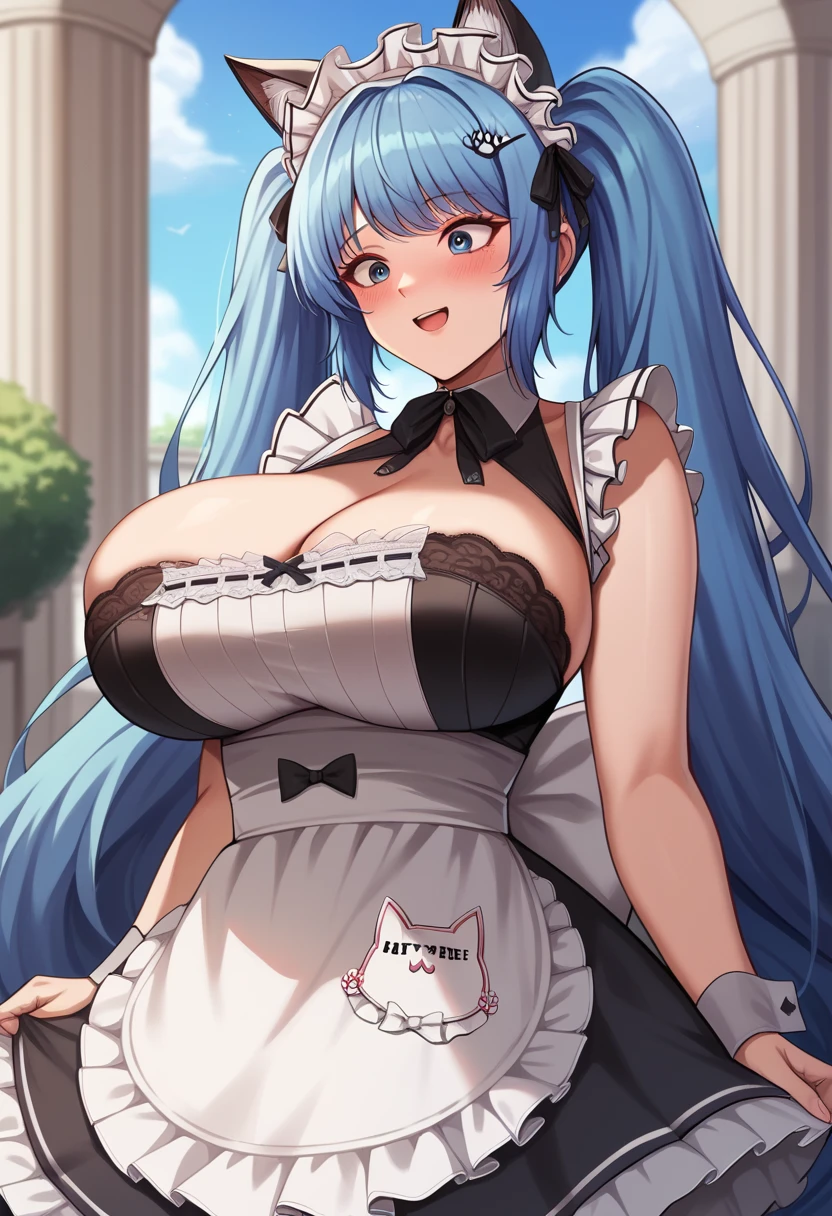 (masterpiece, best quality, high resolution, perfect anatomy, good anatomy:1.2), 1girl, solo, privaty \(nikke\), cyan hair, long hair, twintails, blush, happy eyes, cat ears, -w-, paw, maid dress, maid apron, (maid:1.2), 
tyndall effect, ray tracing, (best cloud and sky), best light and shadow, light reflection , maid, big breasts, mansion, blue hair, blush,
