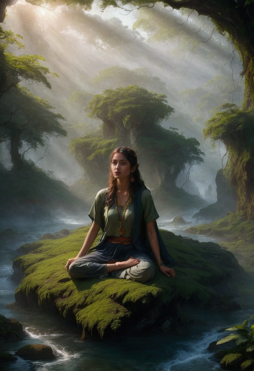 1girl, island, a mysterious island, lush tropical jungle, overgrown vegetation, winding rivers and waterfalls, ancient ruins and crumbling stone temples, sunlight filtering through the canopy, mist and fog obscuring the horizon, mysterious creatures lurking in the shadows, intricate carvings and hieroglyphics, weathered and mossy stone, golden sun rays, dramatic lighting, cinematic composition, vibrant colors, 8k, ultra-detailed, masterpiece, best quality, very aesthetic, absurdres