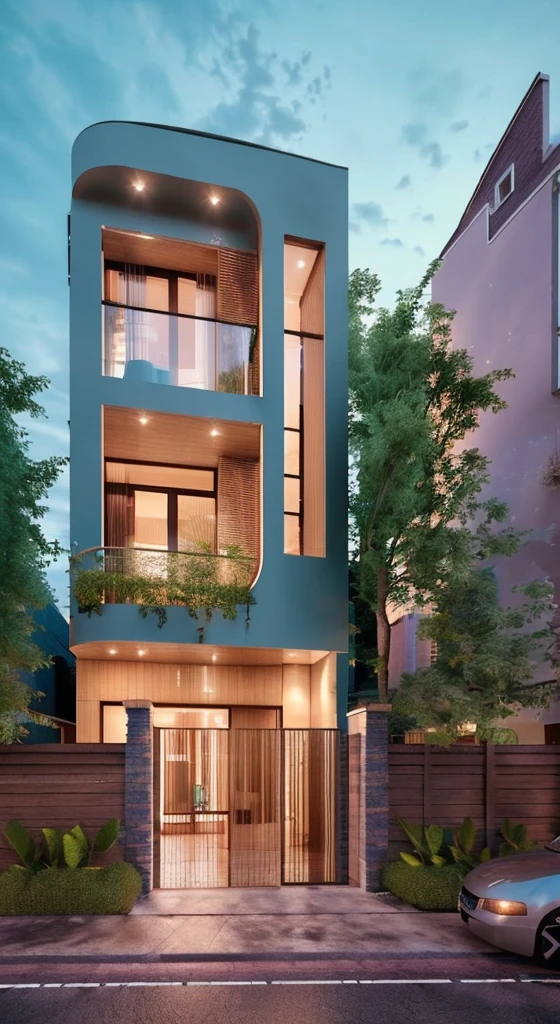 (Townhouse in city ,close houses and trees), daylight ( best quality) ((high solution)) ,(( photo realistic)) ,warm light, (sharp focont view of townhouse in style of modern,small house, Narrow area,VietNam,facade, curved arch,beautiful facade,curved windown,narrow and long ,two-storey,mutual colours, soft lighting, warm atmosphere,high Resolution, hyper detailed,4k ,vray render, octane render, hyper realistic, photography expert ,exterior design , professional photography, exterior photography,wide-angle shot , ultra detail , high Resolution , full frame, full body