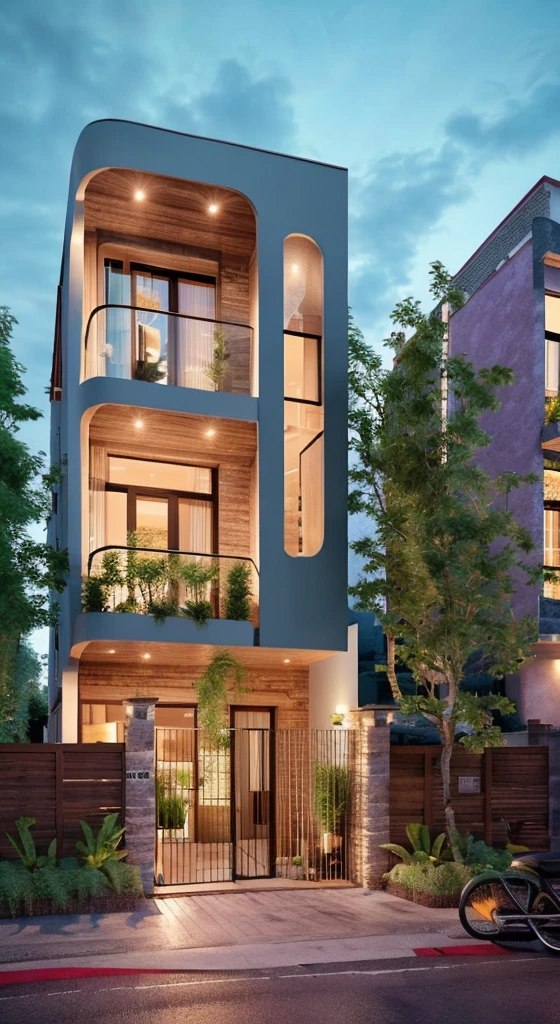 (Townhouse in city ,close houses and trees), daylight ( best quality) ((high solution)) ,(( photo realistic)) ,warm light, (sharp focont view of townhouse in style of modern,small house, Narrow area,VietNam,facade, curved arch,beautiful facade,curved windown,narrow and long ,two-storey,mutual colours, soft lighting, warm atmosphere,high Resolution, hyper detailed,4k ,vray render, octane render, hyper realistic, photography expert ,exterior design , professional photography, exterior photography,wide-angle shot , ultra detail , high Resolution , full frame, full body