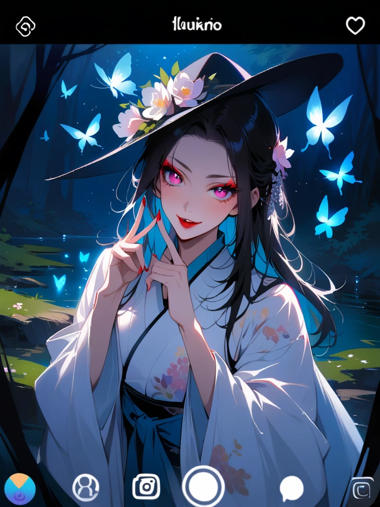 A beautiful Japanese woman with pink eyes, Long eyelashes and red lips，dressed in white Hanfu，Similar makeup to Ueno Yosuke，Selfie on Instagram，Vampire fangs protruding from between fingers. She has fair skin，Wearing a black hat decorated with flowers. Background color should be gray. Her expression conveys confidence or playfulness. besides a blue lake, night sky,stars,forest,Reflections in the water,,luminous butterflies, fluttering butterflies,covered_pussy