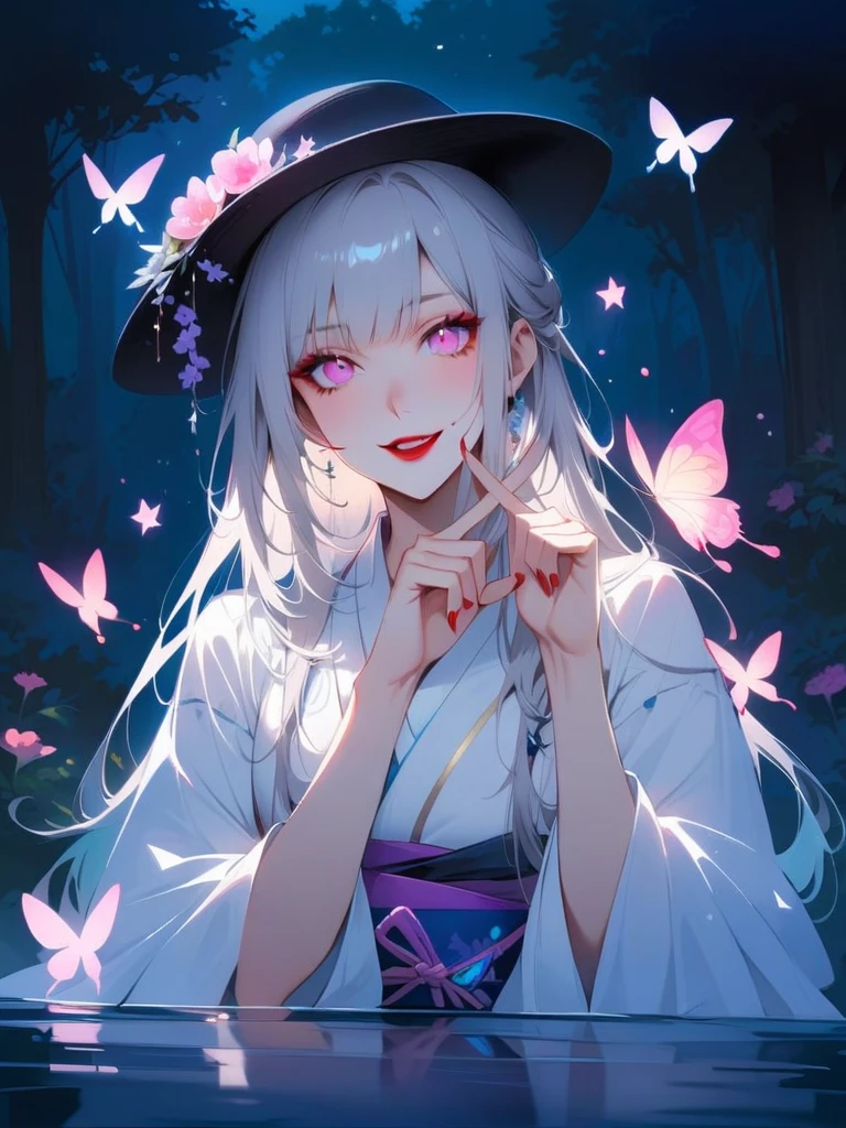 A beautiful Japanese woman with pink eyes, Long eyelashes and red lips,dressed in white Hanfu,Similar makeup to Ueno Yosuke,Selfie on Instagram,Vampire fangs protruding from between fingers. She has fair skin,Wearing a black hat decorated with flowers. Background color should be gray. Her expression conveys confidence or playfulness. besides a blue lake, night sky,stars,forest,Reflections in the water,,luminous erflies, fluttering butties,covered_pussy