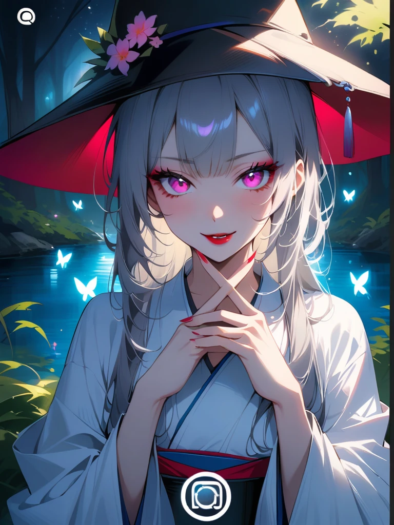 A beautiful Japanese woman with pink eyes, Long eyelashes and red lips，dressed in white Hanfu，Similar makeup to Ueno Yosuke，Selfie on Instagram，Vampire fangs protruding from between fingers. She has fair skin，Wearing a black hat decorated with flowers. Background color should be gray. Her expression conveys confidence or playfulness. besides a blue lake, night sky,stars,forest,Reflections in the water,,luminous butterflies, fluttering butterflies,covered_pussy