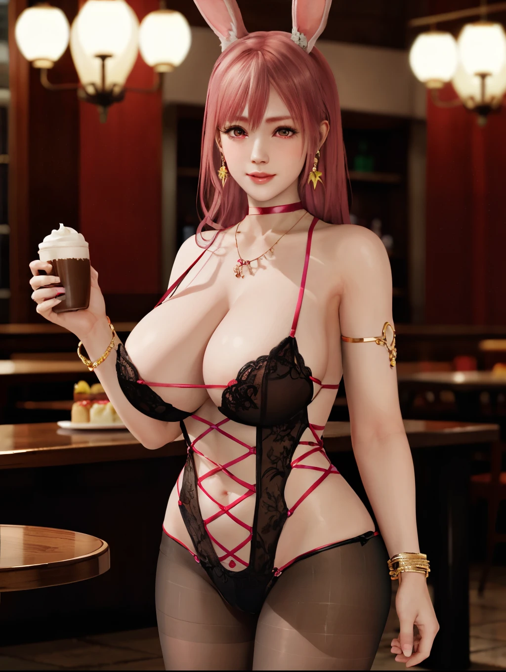 Honoka, Bunny Girl装，bracelet，ring, ，Pink Hair，Huge breasts，Cleavage，Low-cut，Rabbit Tail，pantyhose，cute，necklace，earrings，Dining room，coffee，Donut，cake，Rabbit ears，Lace，Red lips，shy，cute，Bunny Girl，Karaoke，bar，Brown eyes，super huge breasts，Leg ring，Coverall，Bodysuit，1 Girl