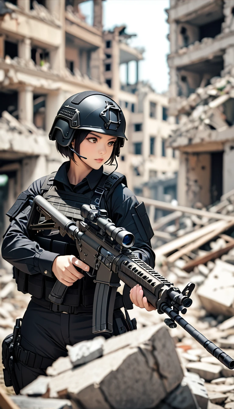 (masterpiece,Highest quality,Ultra-high resolution),One Woman,Japanese,Black Hair,Short Bob,(((Beautiful Eyes,Beautiful Hair,Beautiful Skin,Beautiful Face))),Serious,whole body,(((Gunfight))),(Small machine gunを構える),((Small machine gun)),SWAT Uniforms,Black bulletproof vest, Black combat boots, Black Tactical Forster,Tactical Headset,Black tactical helmet,(The background is the rubble of ruins),(((Background Blur))),(((Hand,detailed,perfect,perfection,hands)))