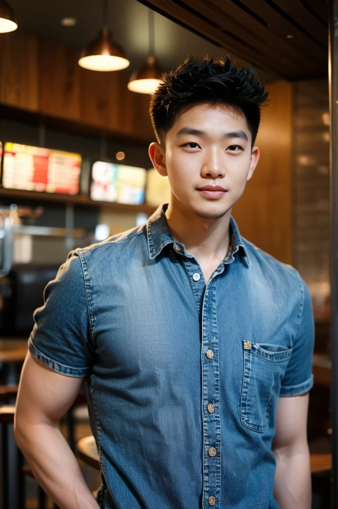 ((realistic daylight)) , Young Korean man in a black t-shirt with no pattern, a denim shirt, and jeans., A handsome, muscular young Asian man looks at the camera. , in a Thai restaurant ,turn sideways