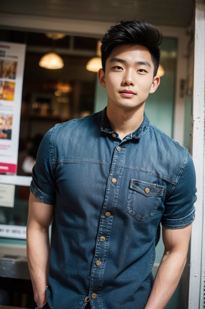 ((realistic daylight)) , Young Korean man in a black t-shirt with no pattern, a denim shirt, and jeans., A handsome, muscular young Asian man looks at the camera.  , in a Thai restaurant ,turn sideways