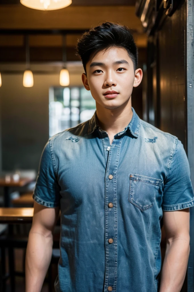 ((realistic daylight)) , Young Korean man in a black t-shirt with no pattern, a denim shirt, and jeans., A handsome, muscular young Asian man looks at the camera.  , in a Thai restaurant ,turn sideways