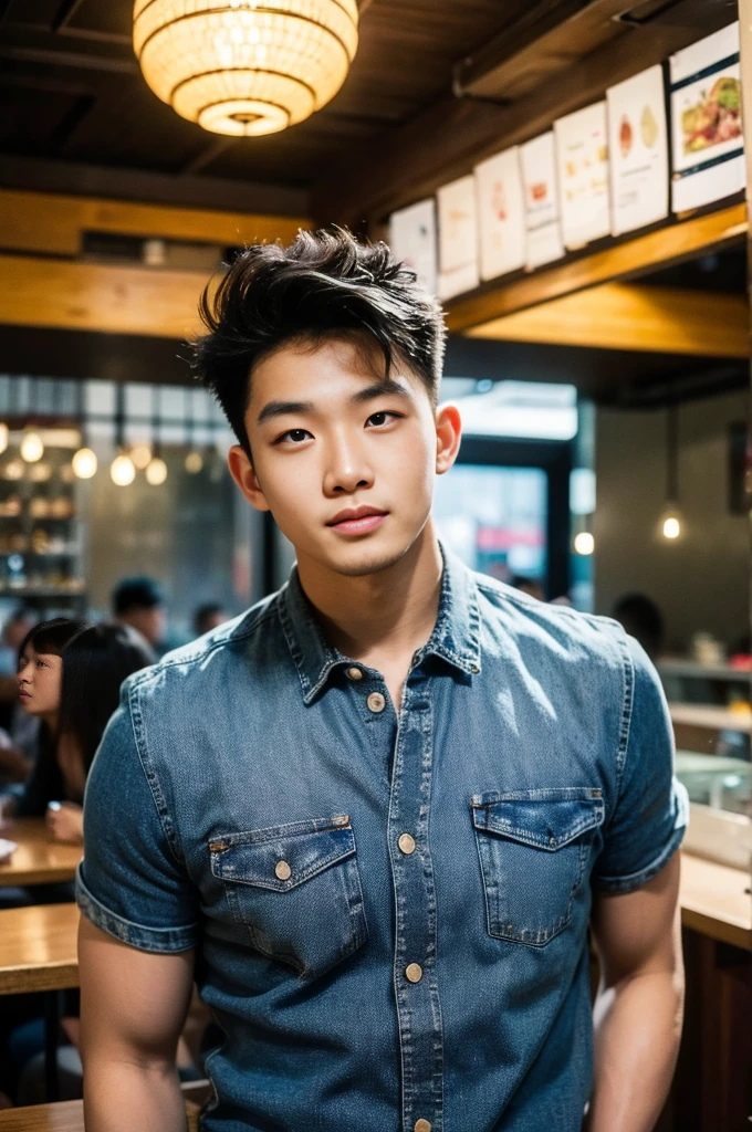 ((realistic daylight)) , Young Korean man in a black t-shirt with no pattern, a denim shirt, and jeans., A handsome, muscular young Asian man looks at the camera.  , in a Thai restaurant ,turn sideways